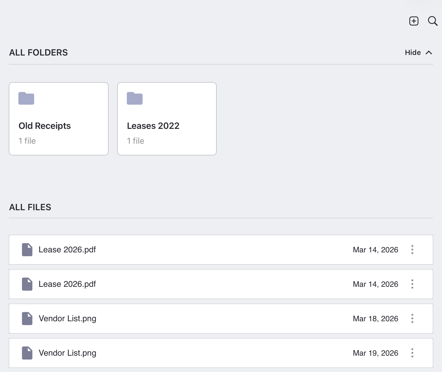Landlord app document storage feature for organizing leases, receipts and property files
